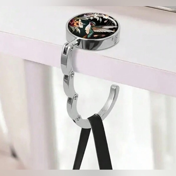 Foldable Metal Handbag Holder/Hook, Hummingbird with Black Floral Background. - Picture 1 of 6
